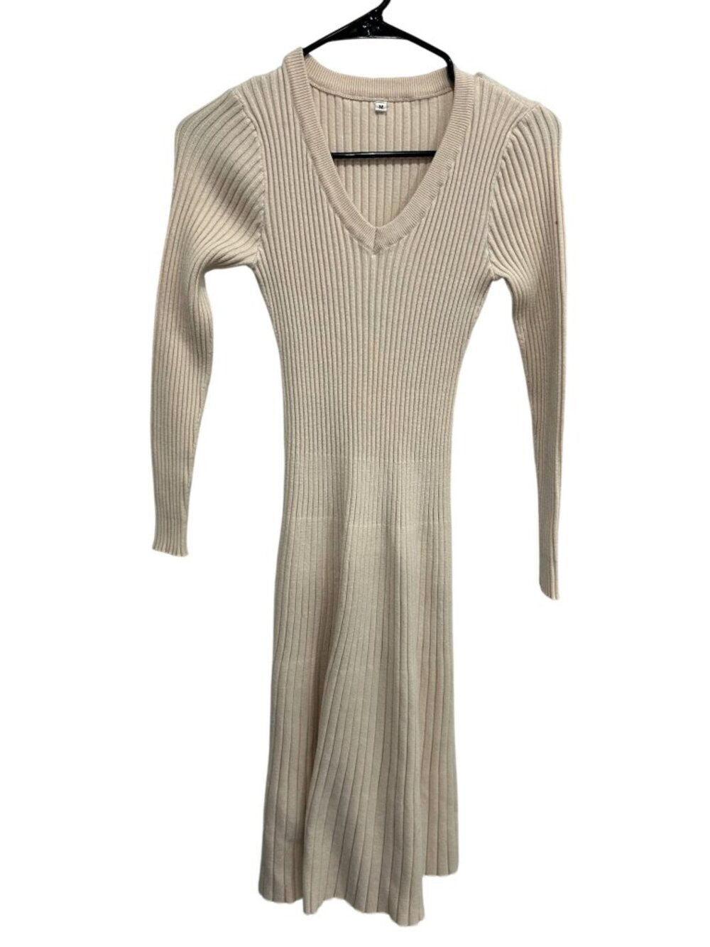 Ribbed Beige Medium Long Sleeve Knit V-Neck Midi Dress Minimalist Cozycore